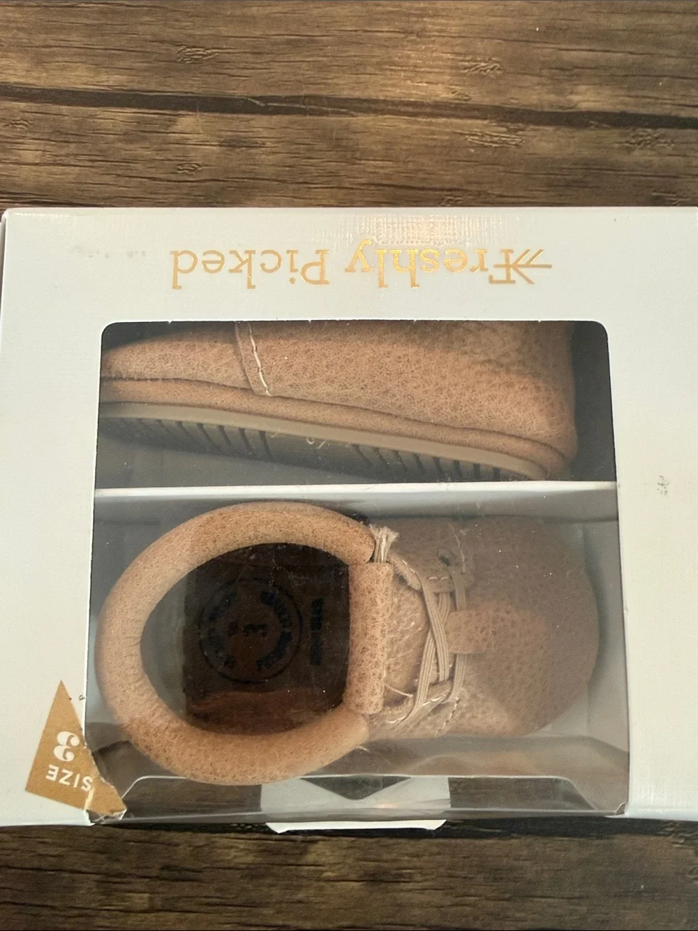 Freshly Picked Tan Leather Baby Moccasins in Box